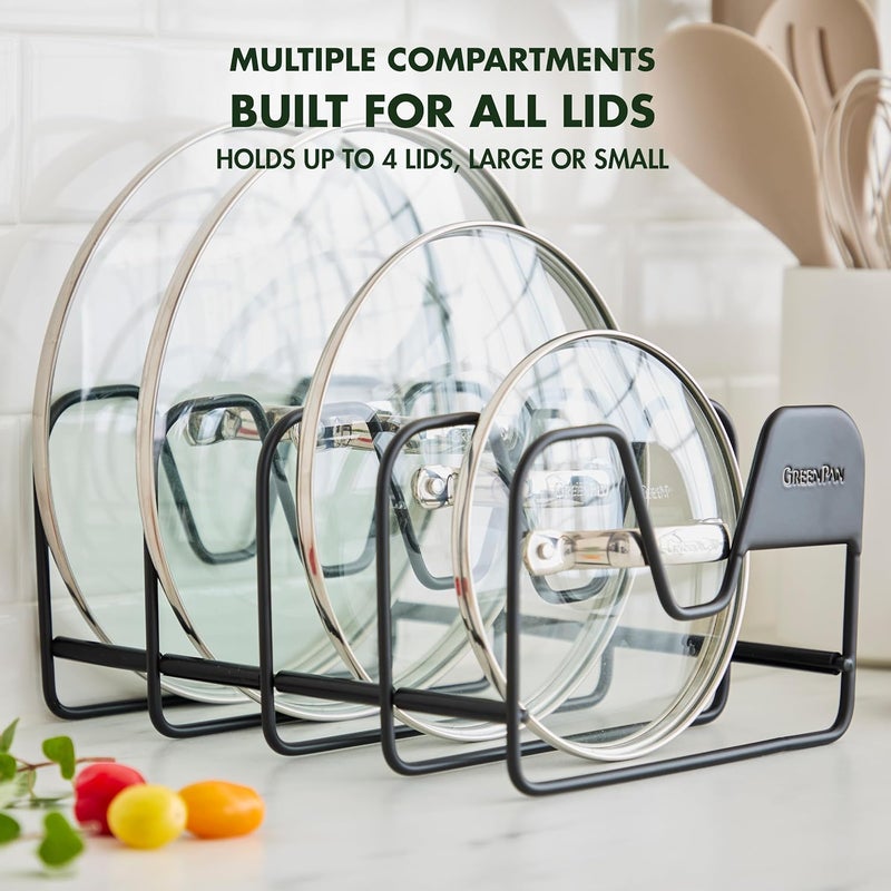 GREEN PAN Stainless Steel Wire Pots and Pans Lid Storage Rack, Holds 4 Lid Covers, Easy Storage, Countertop or Cabinent Organizer, Minimizes Clutter, Fast Drying, Wipes Clean, Black - Image 3